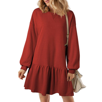 Vestido mini informal de manga larga con cuello redondo y color liso para mujer