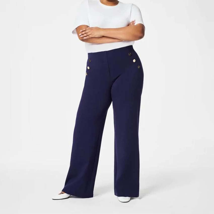 Women Fashion Casual High Waist Button Wide Leg Slim Fit Pants