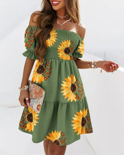Vestido informal de manga corta con volantes y hombros descubiertos para mujer, estilo arcoíris