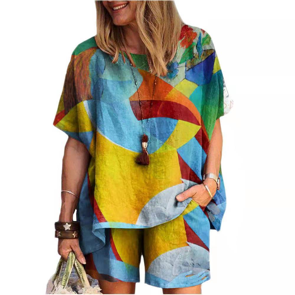 Women Casual Summer Floral Print Loose Short Sleeve T-Shirt And Shorts Set