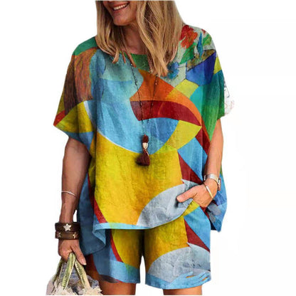 Women Casual Summer Floral Print Loose Short Sleeve T-Shirt And Shorts Set