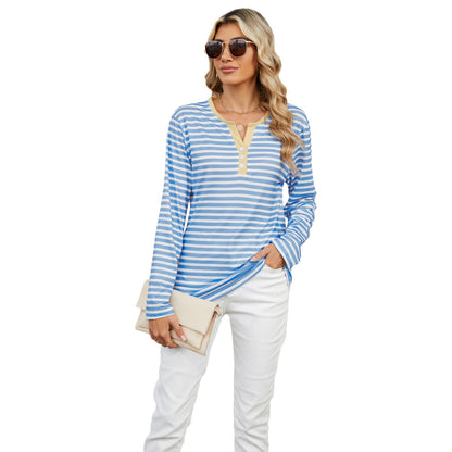 Camiseta informal de verano para mujer con cuello en V y estampado de rayas de manga larga
