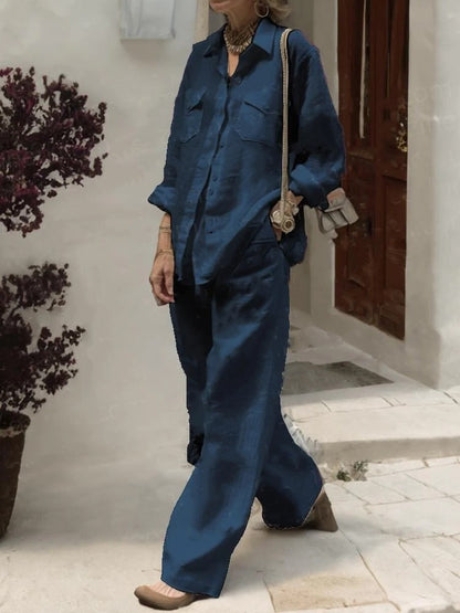 Conjunto de dos piezas de camisa y pantalones holgados de manga larga de color liso para mujer