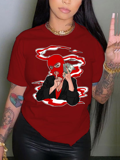 Camiseta informal holgada de talla grande para mujer, cuello redondo, manga corta, capucha, estampado gráfico "Toma dinero" para hombre