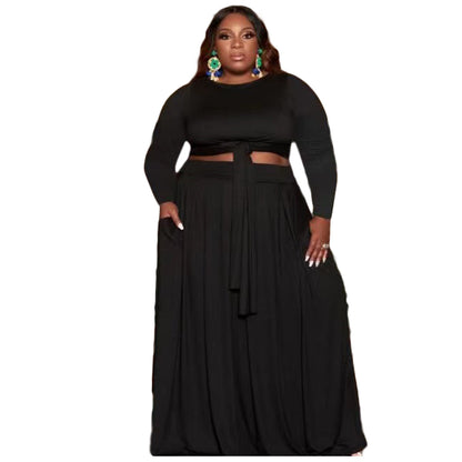 Plus Size Women'S Fashion Long Sleeve Lace-Up Top Casual Skirt Set Two Piece Set
