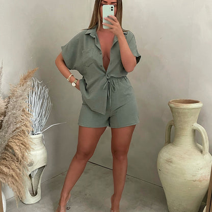 Conjunto de dos piezas para mujer, estilo casual, color liso, clásico, con camisa de un solo pecho y cintura elástica