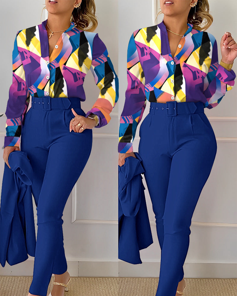 Blusa informal de manga larga con solapa y estampado floral para mujer, pantalones ajustados de dos piezas