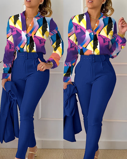 Blusa informal de manga larga con solapa y estampado floral para mujer, pantalones ajustados de dos piezas
