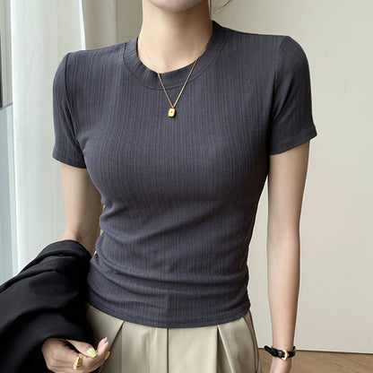 Camiseta básica informal de verano de manga corta con cuello redondo para mujer