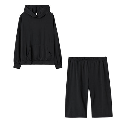 Conjunto deportivo de 2 piezas con capucha, manga larga, pantalones cortos y cintura definida, informal, de color liso, para mujer