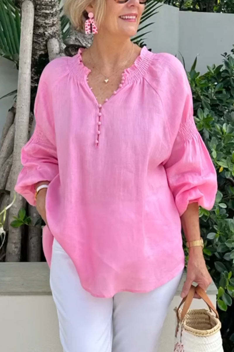 Blusa informal de algodón y lino de color liso con cuello en V y manga larga para mujer
