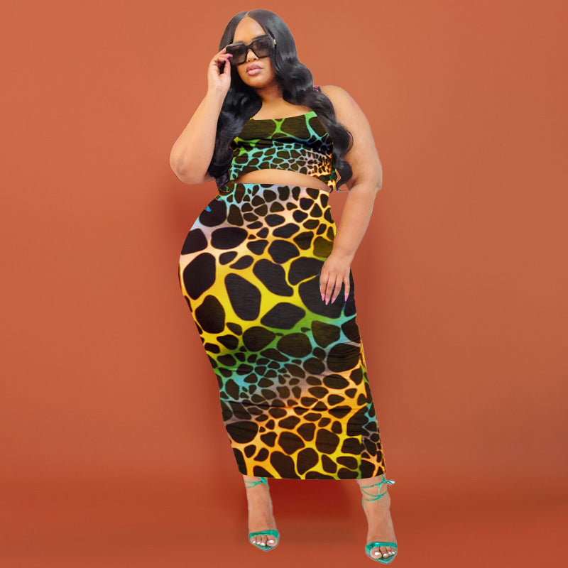 Conjunto de dos piezas de camiseta sin mangas con estampado de leopardo y falda ajustada con estampado integral para mujer, talla grande, informal