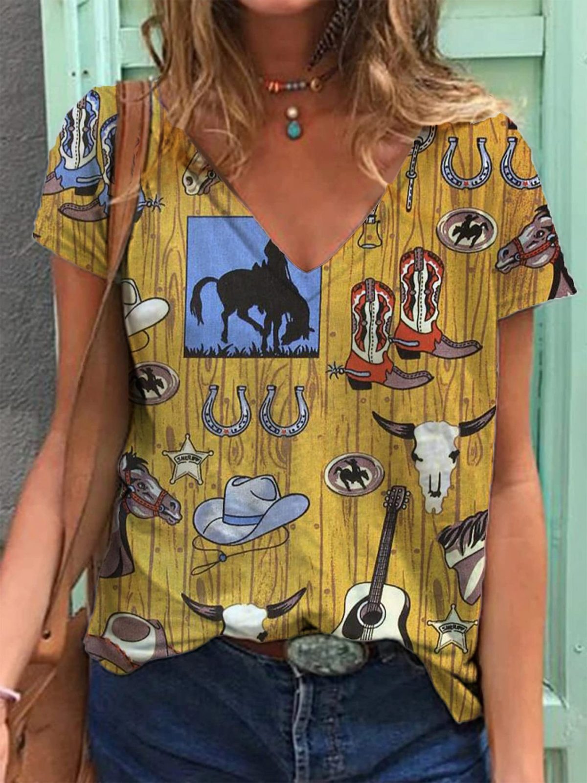 Camiseta informal holgada con cuello en V y manga corta para mujer