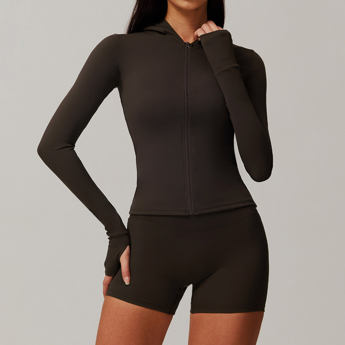 Sudadera deportiva de yoga ajustada de manga larga con cremallera y color sólido informal para mujer