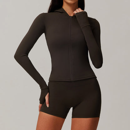 Sudadera deportiva de yoga ajustada de manga larga con cremallera y color sólido informal para mujer