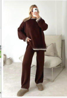 Casual Winter Fashion Solid Color Women Loose Knitted Sweater Pants Two-Piece Set