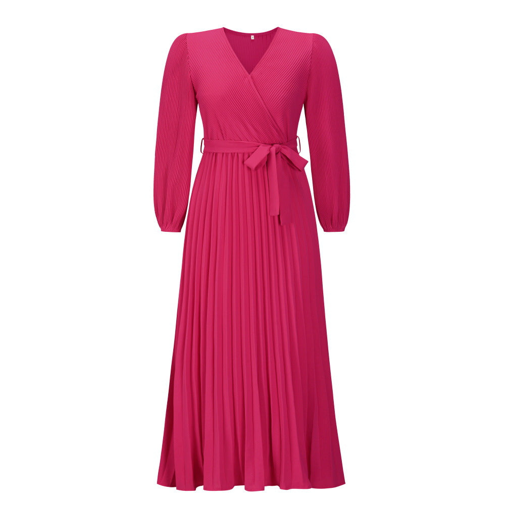 Women Fashion Casual Elegant Solid Color V-Neck Lace-Up Long-Sleeved Creased Mid-Length Dress