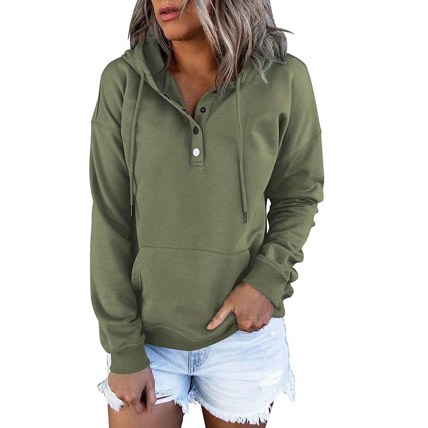 Sudadera con capucha básica informal de manga larga con bolsillo suelto y cuello en V para mujer