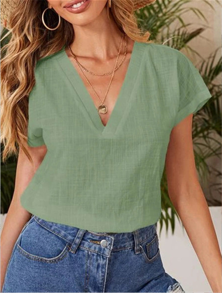 Blusa informal de verano para mujer, de color liso, holgada, de manga corta y cuello en V
