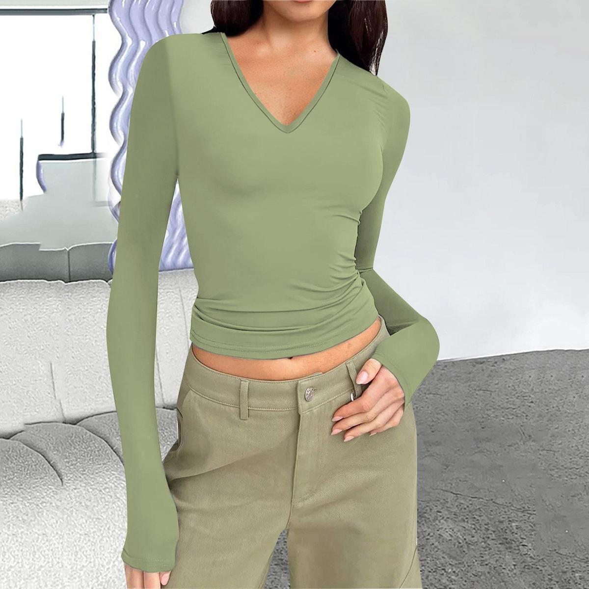 Women Casual Solid Color V-Neck Long Sleeve T-Shirt