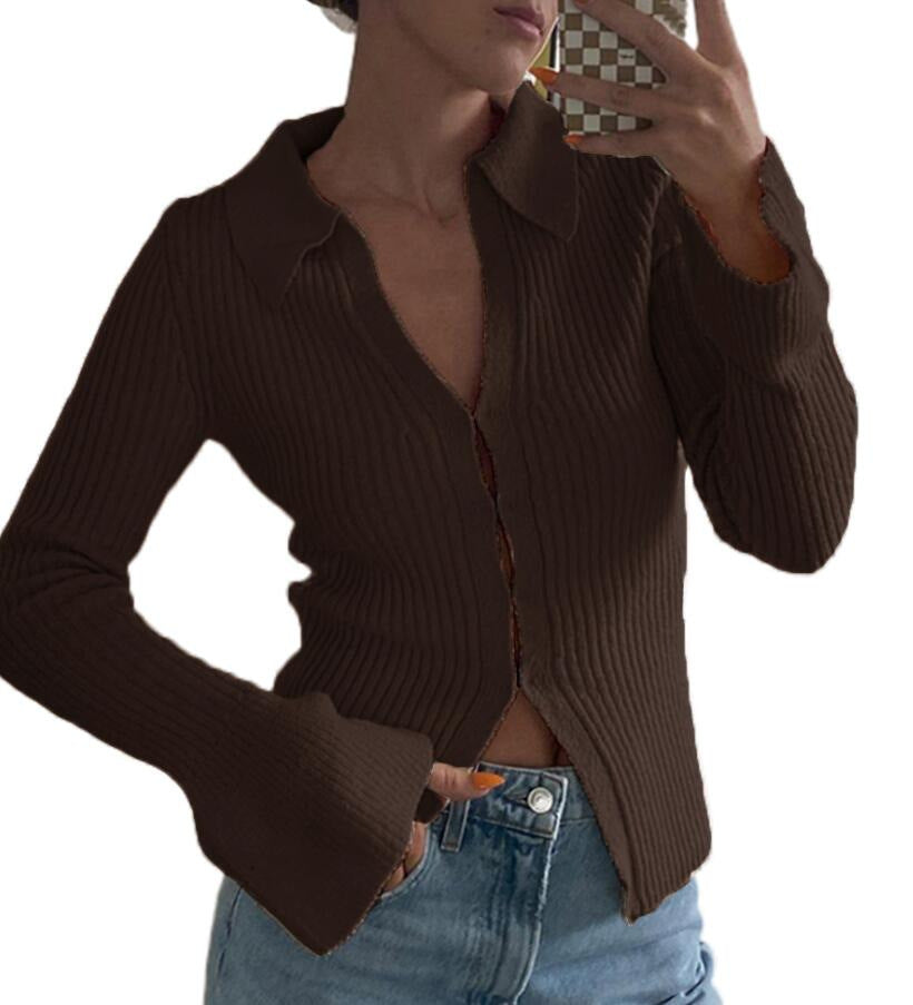 Women Casual Solid Color Lapel Long Sleeve Knitted Sweater