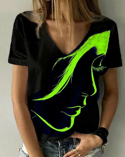 Camiseta básica de verano con cuello en V y estampado 3D de personajes informales para mujer
