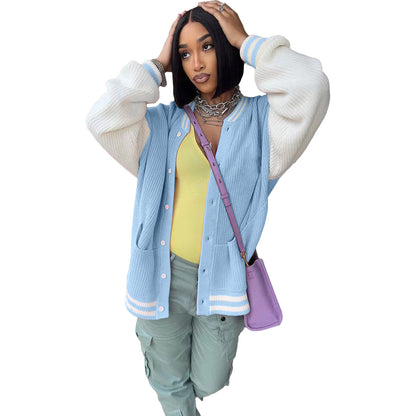 Chaqueta de punto con botonadura sencilla y bloques de color, informal, a la moda para mujer