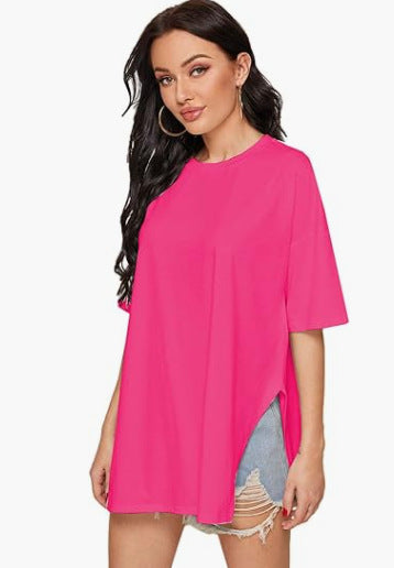Summer Women Casual Solid Color Round Neck Short Sleeve Split T-Shirt