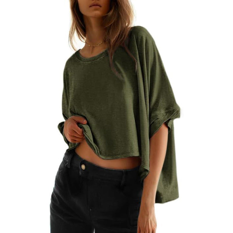 Camiseta informal holgada de manga corta con cuello redondo y estampado de murciélago para mujer