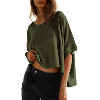 Camiseta informal holgada de manga corta con cuello redondo y estampado de murciélago para mujer