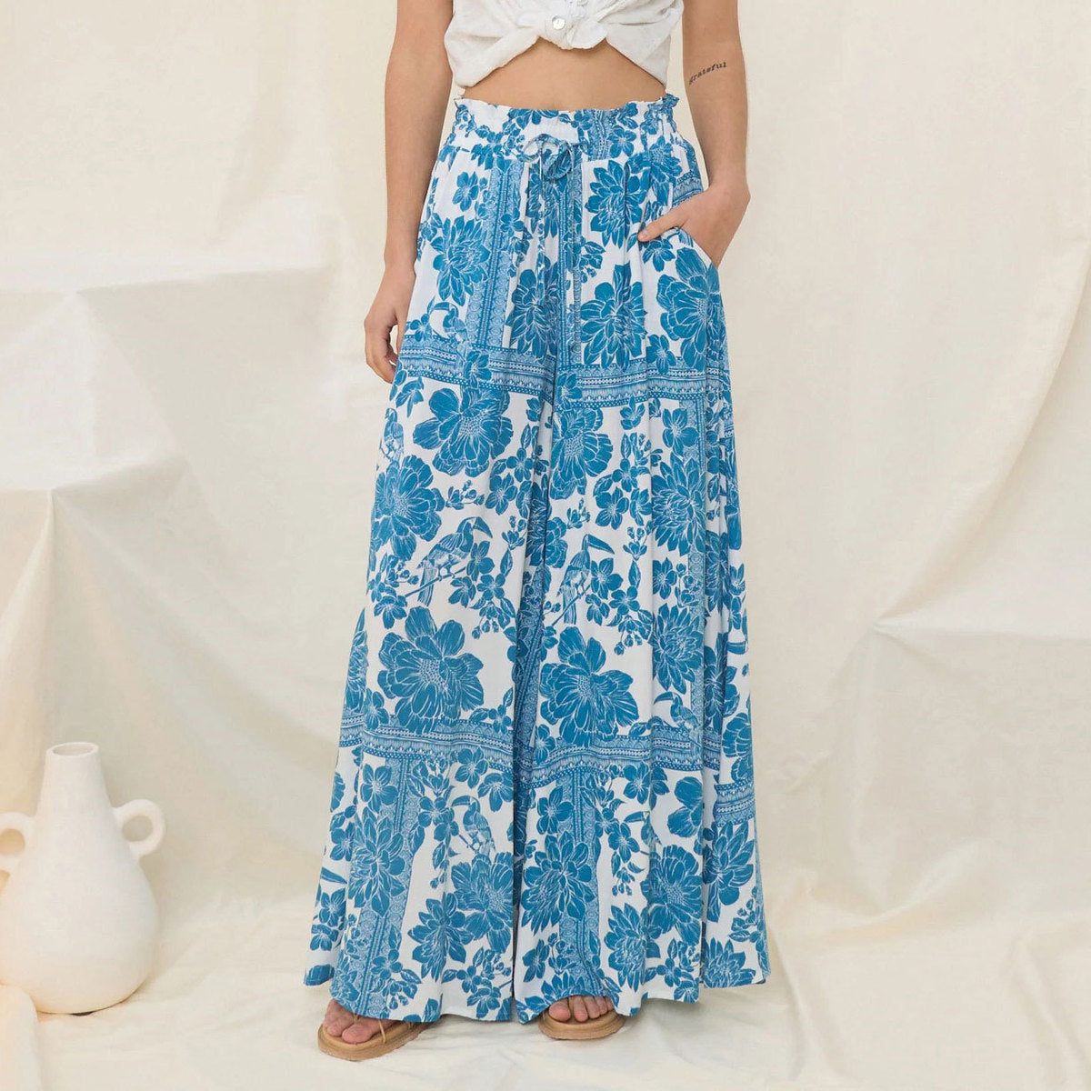 Women Casual Boho Floral Printed Wide Leg Loose Pants