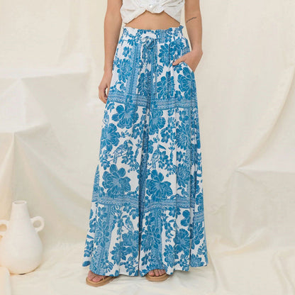 Women Casual Boho Floral Printed Wide Leg Loose Pants
