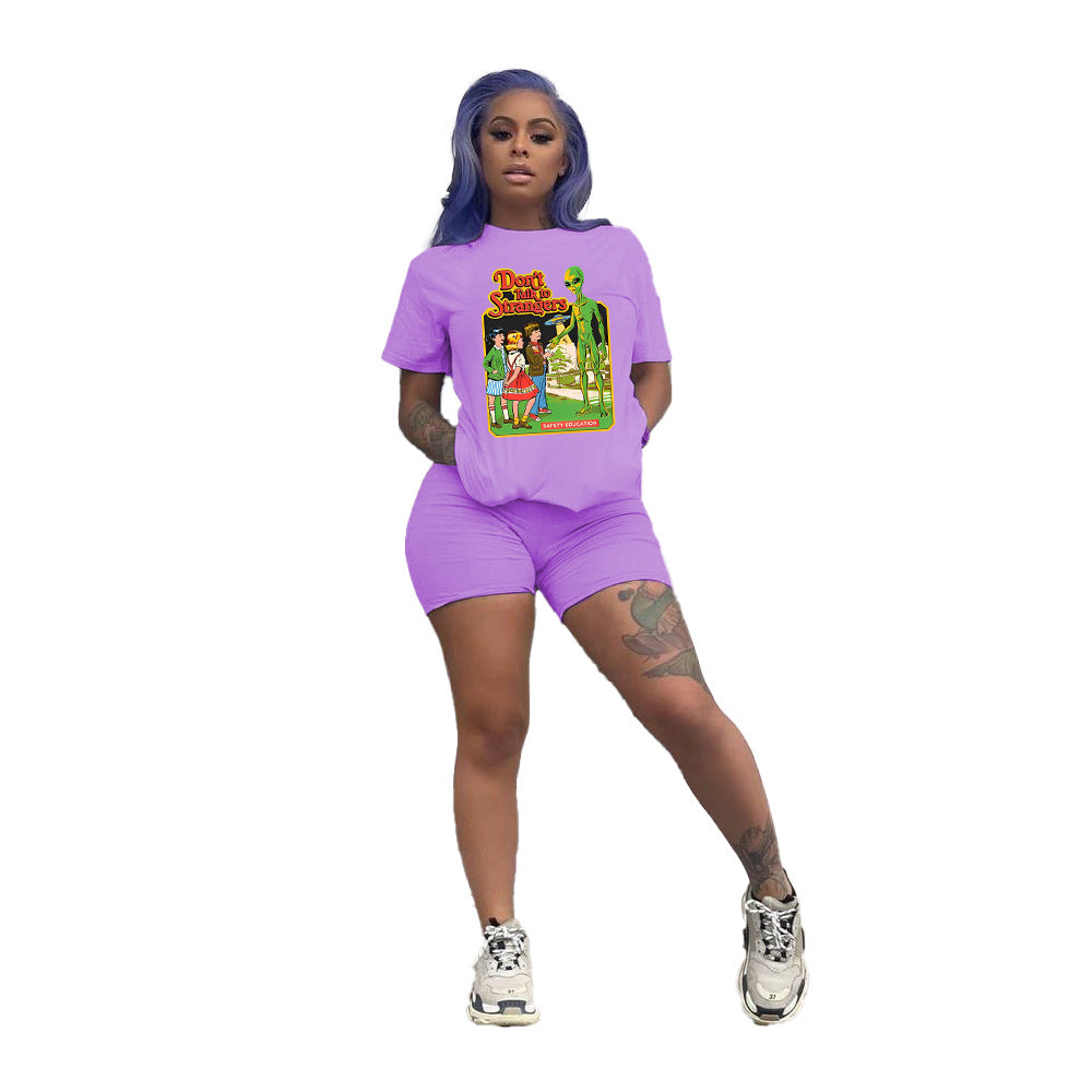 Conjunto deportivo de dos piezas para mujer, talla grande, informal, deportivo, con estampado gráfico, camiseta y pantalones cortos