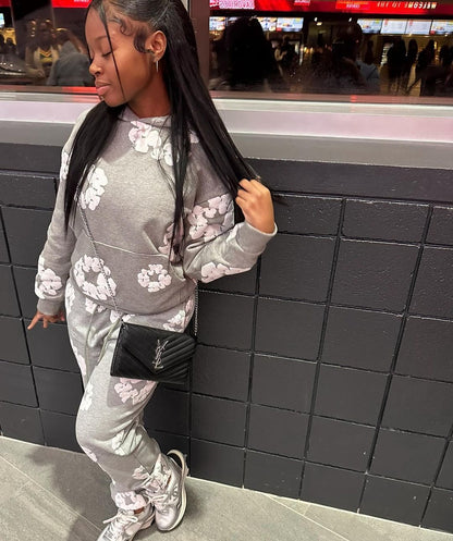 Women Fashion Casual Floral Printed Hooded Long-Sleeved Sweatshirt Pants Two-Piece Set