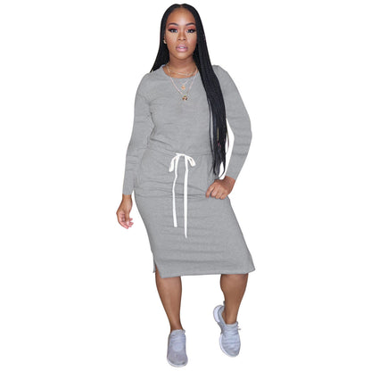 Classic Simple Casual Solid Color Long Sleeve Women Drawstring Dress