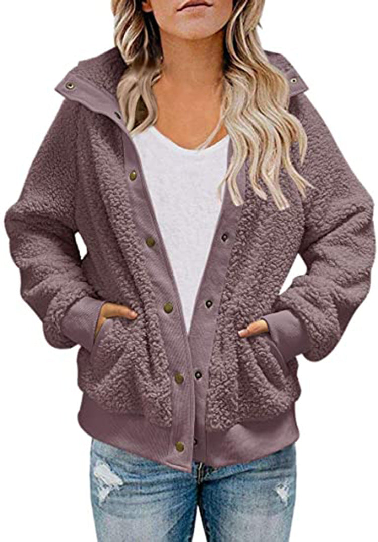 Abrigo de peluche holgado informal de invierno de manga larga y color liso para mujer