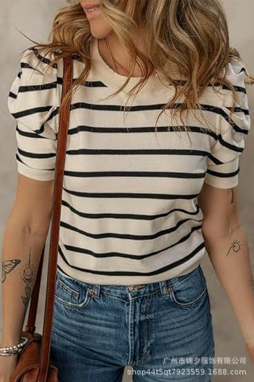 Camiseta informal de rayas con cuello redondo y mangas abullonadas para mujer