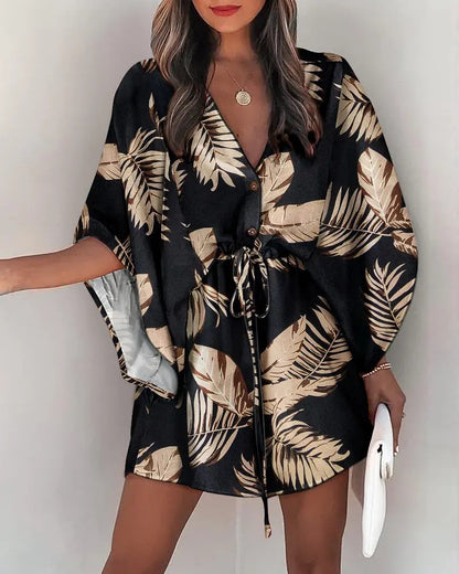 Women'S Casual V-Neck Drawstring Print Dress