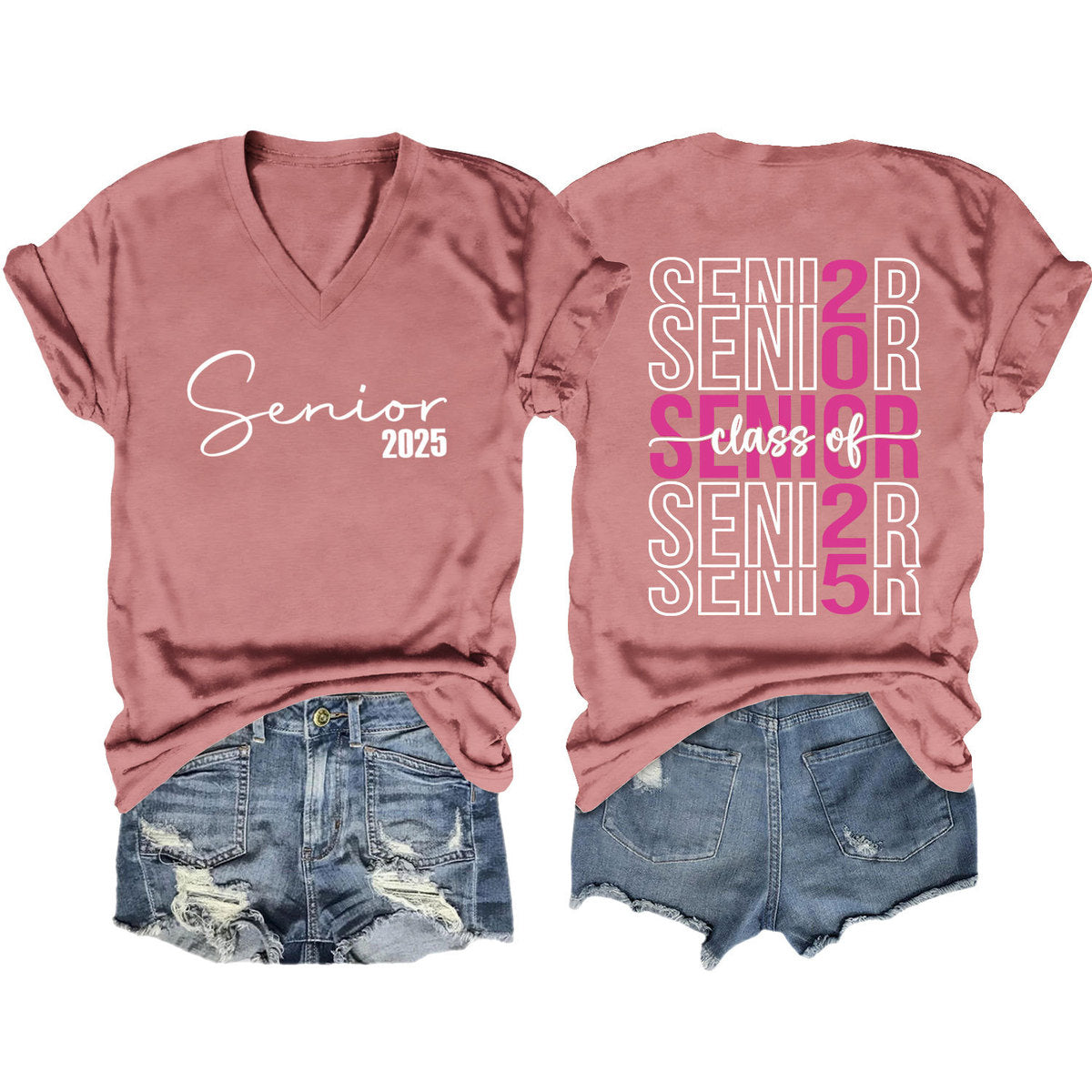 Camiseta informal de manga corta con cuello en V y estampado de letras para mujer 2025