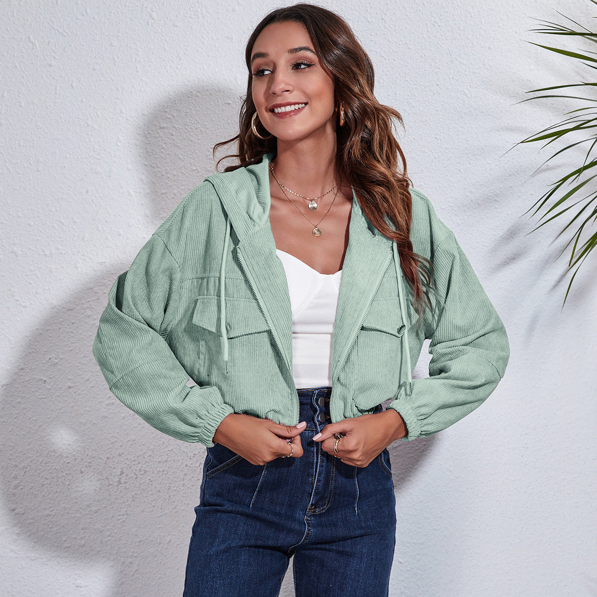 Women Autumn Casual Hoodie Corduroy Loose Long-sleeved Solid Color Crop Shacket
