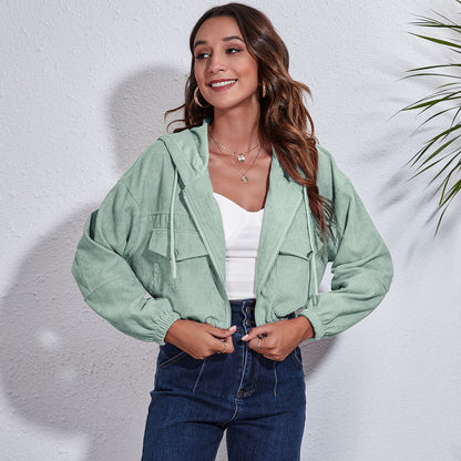 Women Autumn Casual Hoodie Corduroy Loose Long-sleeved Solid Color Crop Shacket