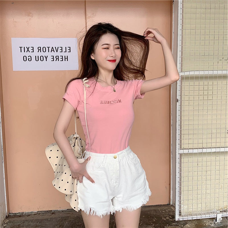 Camiseta básica informal de manga corta con cuello redondo y color liso para mujer