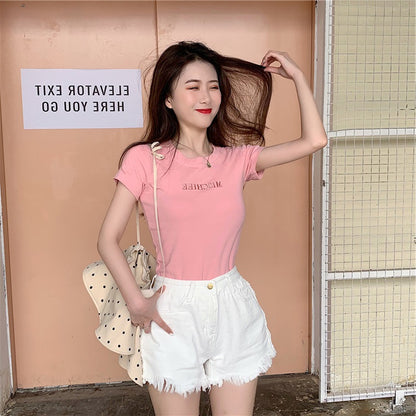Camiseta básica informal de manga corta con cuello redondo y color liso para mujer
