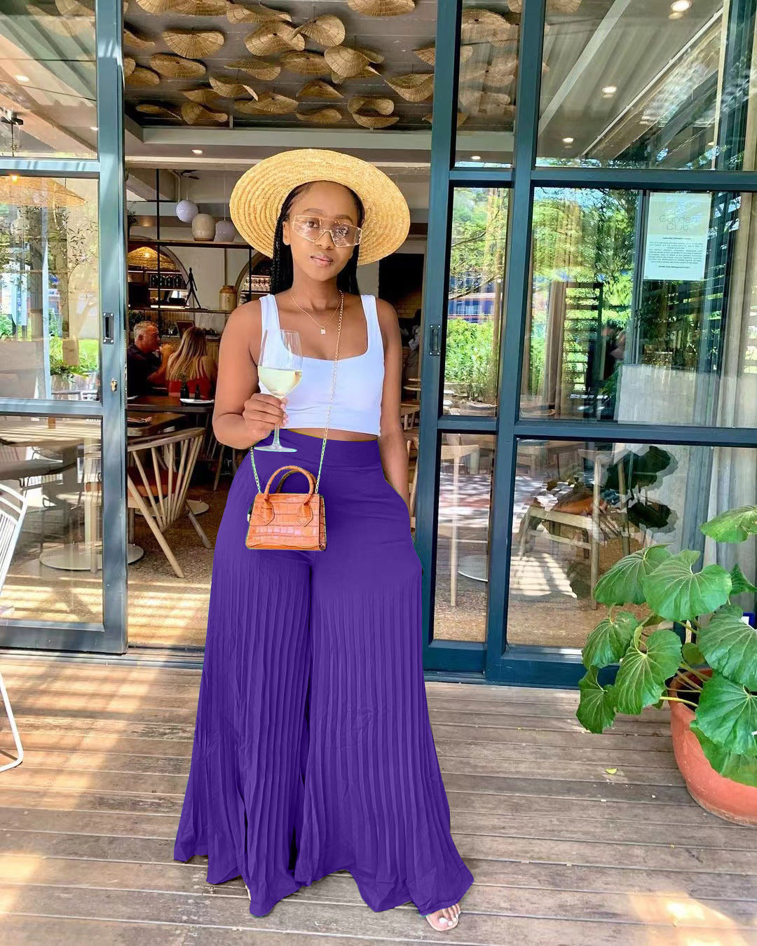 Women Fashion Casual Solid Color Pleated Wide Leg Pants