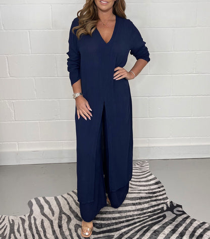 Conjunto de dos piezas de pantalón ancho y top con abertura y escote en V informal de color liso para mujer