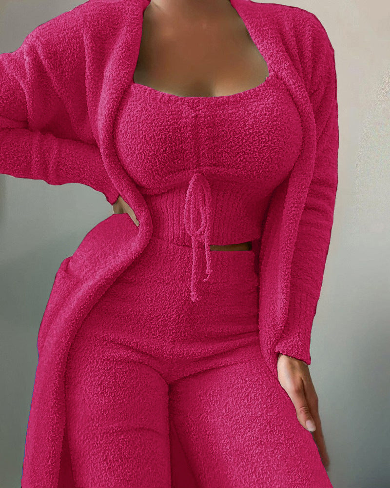 Conjunto de tres piezas de punto informal para mujer, camiseta sin mangas de felpa de color liso de invierno, pantalones y abrigo con cintura elástica