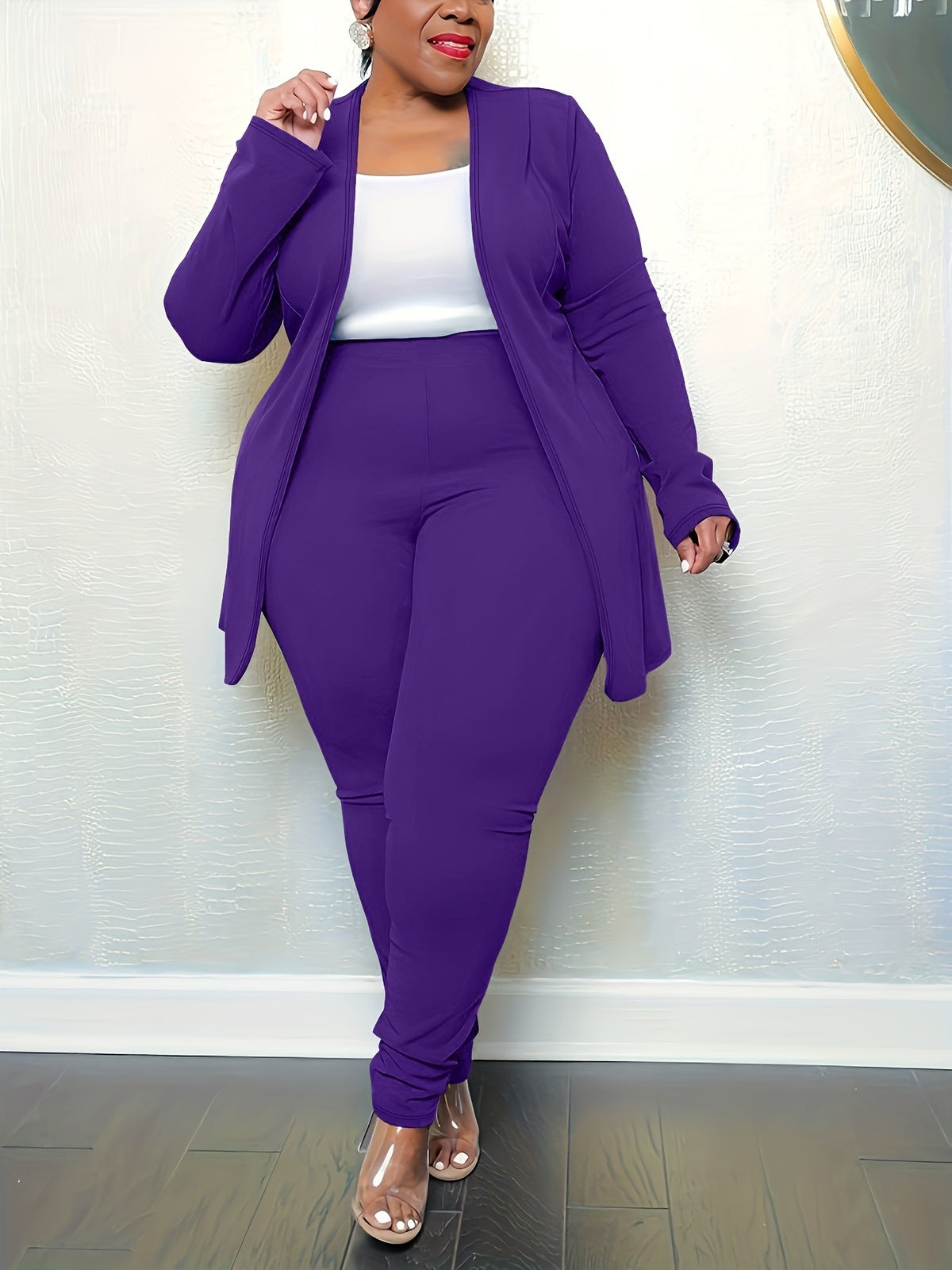 Conjunto de dos piezas informal para mujer, color liso, cuello en V, manga larga, pantalones ajustados, talla grande