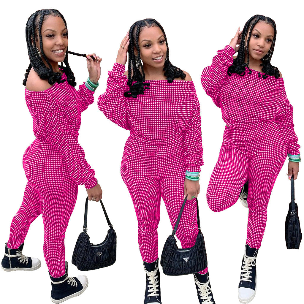 Conjunto de dos piezas de top y pantalón holgados informales de manga larga con cuello oblicuo y estampado a cuadros para mujer