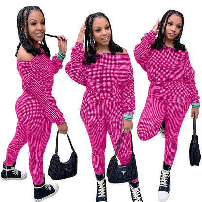 Conjunto de dos piezas de top y pantalón holgados informales de manga larga con cuello oblicuo y estampado a cuadros para mujer