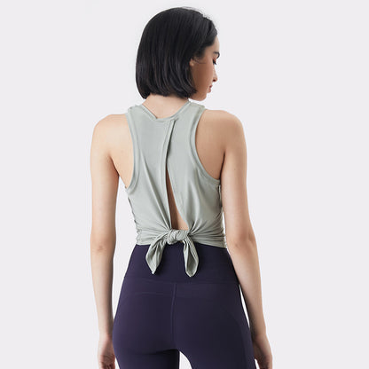 Women Casual Loose Solid Color Round Neck Sleeveless Back Split Sports Tank Top